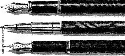 Engraved illustration of classic pens and fountain pens for artistic design