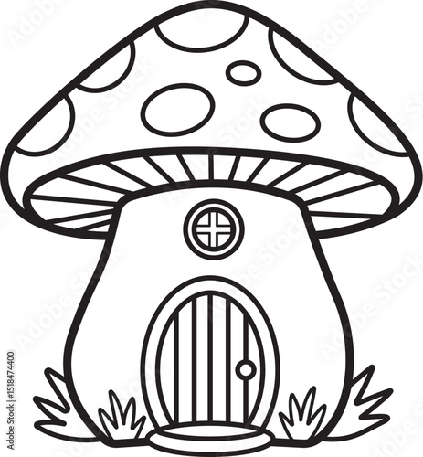 Cute Mushroom House Line Art for Kids’ Coloring Book Page
