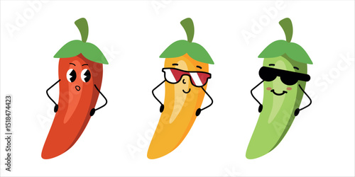 Pepper character set with funny sunglasses, flirty face and expressive poses — isolated vegetable illustration for kids, food design, emoji stickers, packaging, printable clipart