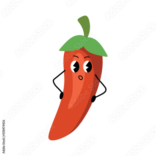 Pepper kawaii character in flat cartoon style with surprised face expression, cute spicy vegetable sticker for healthy food design, emoji pack, kids print, kitchen decor or clipart use