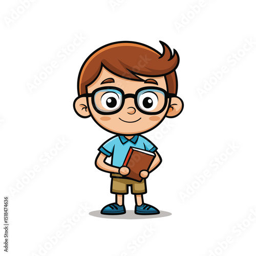 Happy cartoon boy with glasses holding a book vector illustration