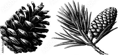 Detailed engraved illustration set of pine cones and needles for botanical designs