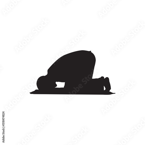 Silhouette man of Muslim in Sujud Sajdah Prostration Islamic Worship Pose Illustrating Devotion and Humility Toward Allah, Facing Qiblah on White Background