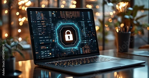 Laptop displaying a lock icon, symbolizing data security and protection in a cozy office setting.