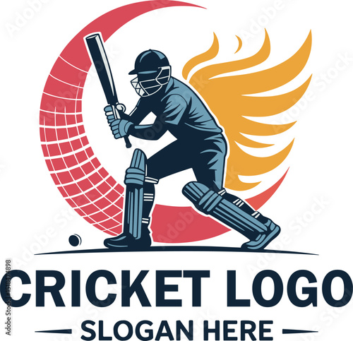 Cricket logo design featuring a batsman in action with stylized decorative elements