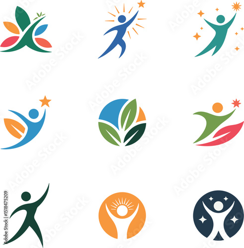 Collection of colorful abstract human figures and nature logos for wellness and success