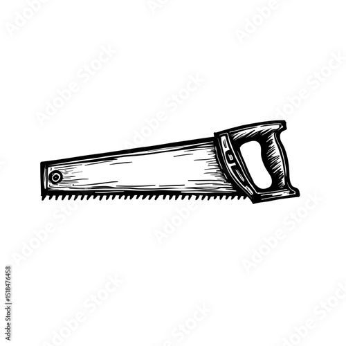 Hand drawn hand saw illustration with jagged blade and wooden handle. Concept of carpentry and manual cutting tool - woodworking - repair