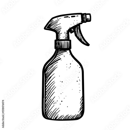 Vintage hand drawn cleaning spray bottle illustration with textured body and nozzle. Concept of sanitation and cleaning tools - household - disinfection