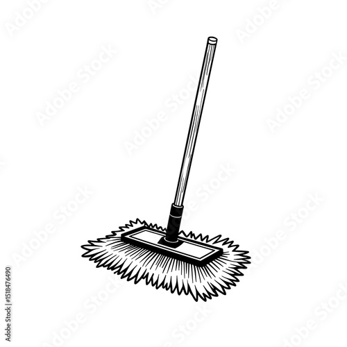 Hand drawn mop illustration with long stick and microfiber head. Concept of floor cleaning and household hygiene - sanitation - tidy home