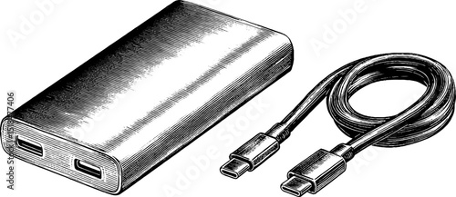 Engraved illustration of power bank and charging cable set for tech designs