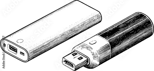 Engraved style illustration of power banks for charging concepts in tech design