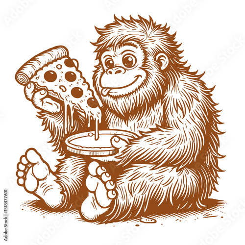 Cartoon Yeti Eating Pizza Slice - Funny Vector Illustration