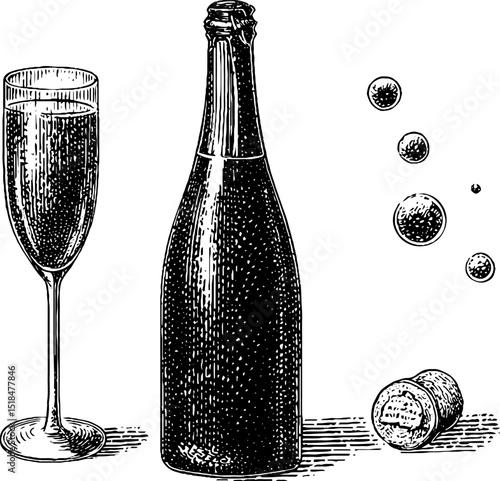 Engraved illustration set of prosecco bottle and glass with cork and bubbles