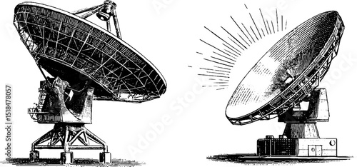 Vintage engraved illustrations of radio telescope dishes for scientific design projects