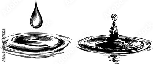 Engraved raindrop and ripples illustration for print or design