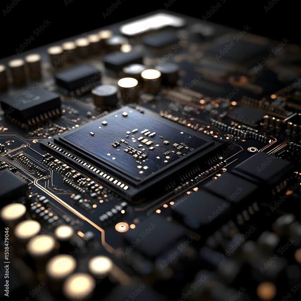 A detailed close up of a modern computer motherboard with intricate circuits and components visible A detailed close up of a modern computer motherboard with intricate circuits and components visible