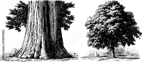 Detailed engraved illustrations of redwood and tall trees