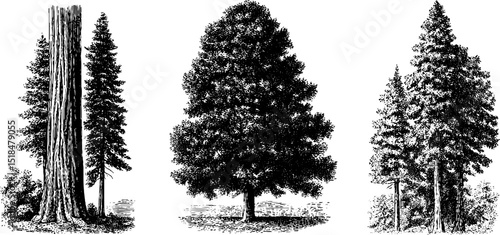 Engraved illustrations of majestic redwood and tall trees for natural design and print