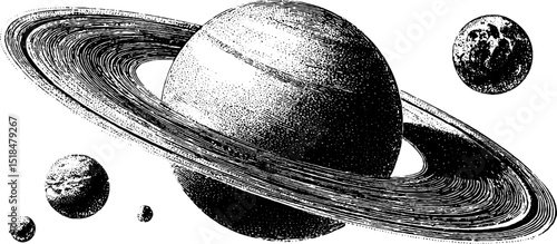 Detailed engraving of saturn's rings with moons for educational and design use