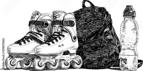 Engraved style rollerblades with backpack and water bottle for active lifestyle design