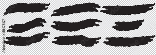 Collection of black brush strokes in different shapes isolated on transparent background Vector illustration EPS 10