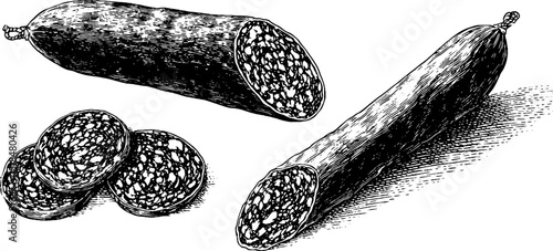 Engraved illustration set featuring whole and sliced salami for culinary design