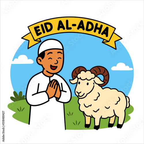 Illustration of a joyful man in traditional attire with a sheep, celebrating Eid al-Adha, symbolizing sacrifice, devotion, and cultural celebration, with a bright outdoor background