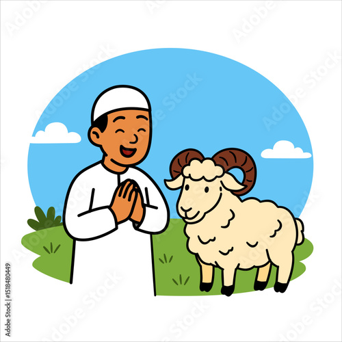 Illustration of a joyful man in traditional attire with a sheep, celebrating Eid al-Adha, symbolizing sacrifice, devotion, and cultural celebration, with a bright outdoor background