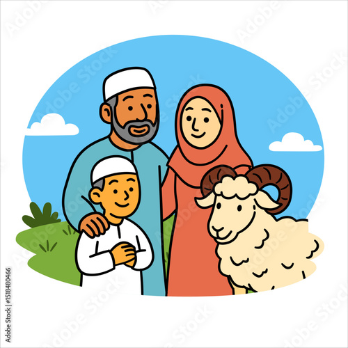 A cheerful family gathered outdoors celebrating Eid Al-Adha, accompanied by a sacrificial sheep, symbolizing joy and faith