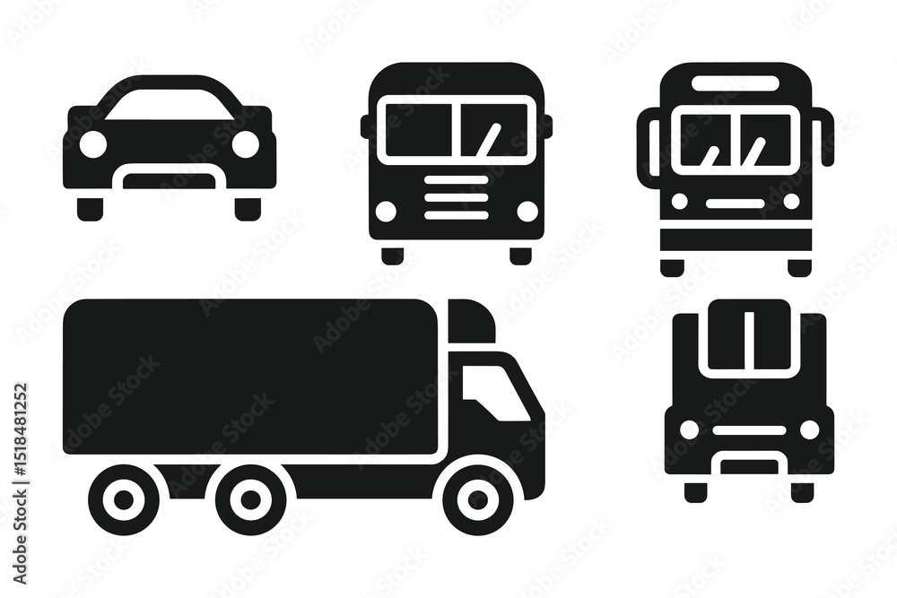 Car Truck and Bus Vector Icon Set Black Silhouette Vehicles for Web Mobile App and Graphic Design Projects. vector Car Truck and Bus Vector Icon Set Black Silhouette Vehicles for Web Mobile App and Graphic Design Projects. vector