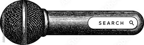 Engraved illustration of microphone with integrated search bar concept