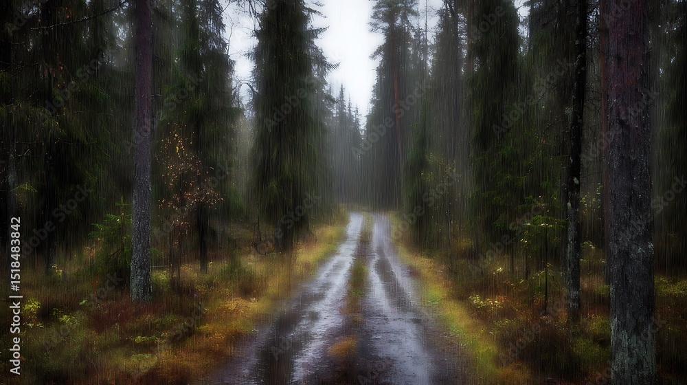 Obraz premium Rainy road through a forest landscape