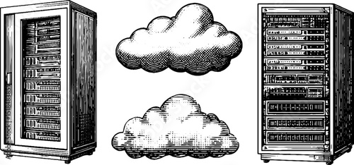 Vintage engraved illustration of server and data rack with cloud concept for technology design