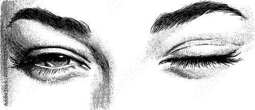 Engraved illustration of shy expression with smiling and blushing eyes