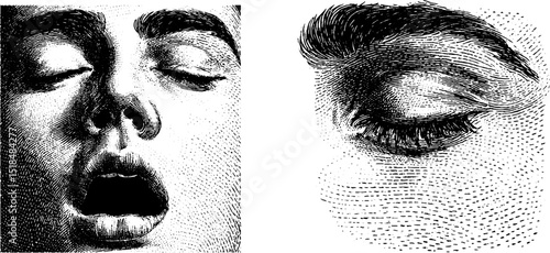 Engraved illustration of sleepy eyes and yawning face for relaxation and rest concepts
