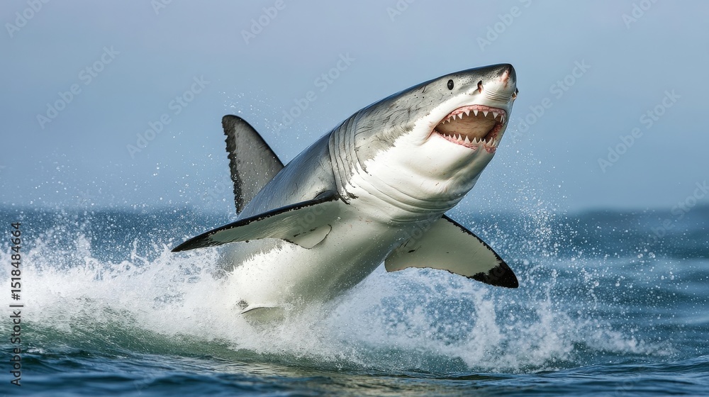 Fototapeta premium Powerful great white shark leaping out of ocean waves.
