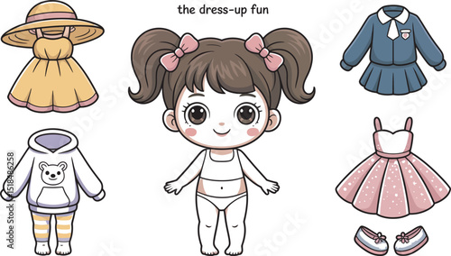 Cute cartoon girl paper doll with various outfits for dress up fun playtime and creative design elements