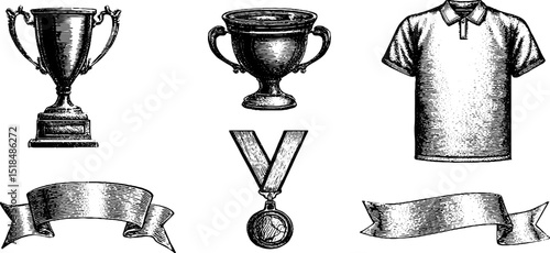 Engraved sports trophy and medal set with vintage style objects for athletic achievements
