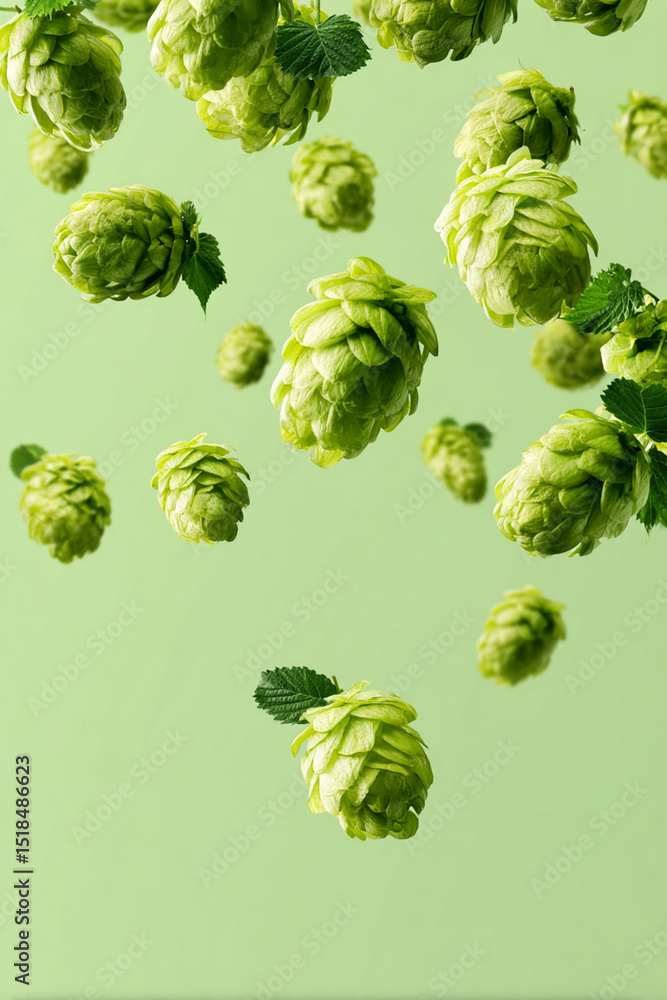 Fototapeta premium Beer Hops Floating on a Light Green Background