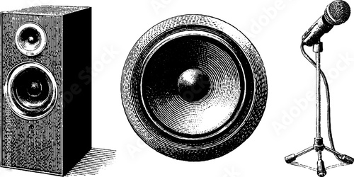 Engraved illustration of stage speaker and microphone set for audio design and event decor