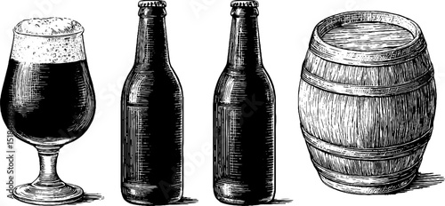 Engraved illustration of stout bottles, beer glass, and barrel for brewery design