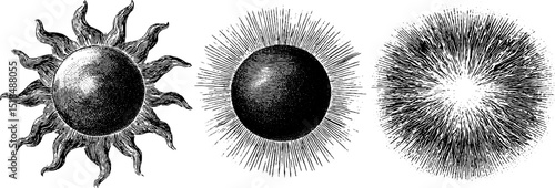 Vintage engraved sun flare and solar illustrations for artistic design projects