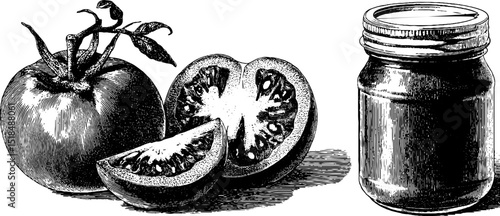 Engraved illustration of sun dried tomatoes. Vintage drawing of food ingredient. Organic preserved vegetable sketch with detailed botanical art.