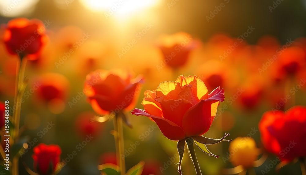 Obraz premium Red roses glow in the sunlight, capturing a beautiful, warm summer scene.