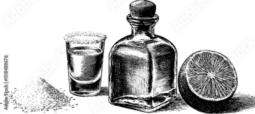 Engraved illustration of tequila bottle with shot glass, salt, and lime for beverage design