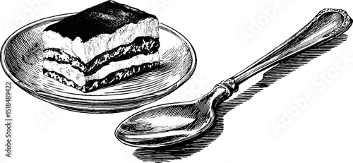 Engraved illustration of tiramisu dessert with spoon for culinary design