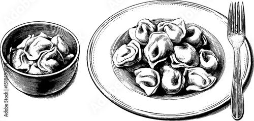 Engraved illustration of tortellini variety on plates for culinary design