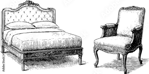 Vintage engraved illustration of upholstered bed and chair set for interior design inspiration