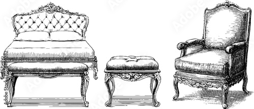 Vintage engraved furniture with upholstered bed, chair, and ottoman for classic interior design
