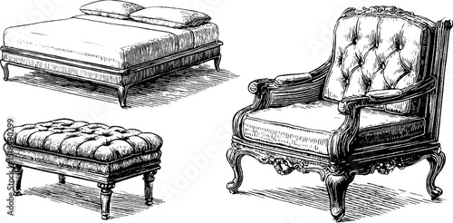 Engraved furniture set with upholstered bed, armchair, ottoman for interior design concepts